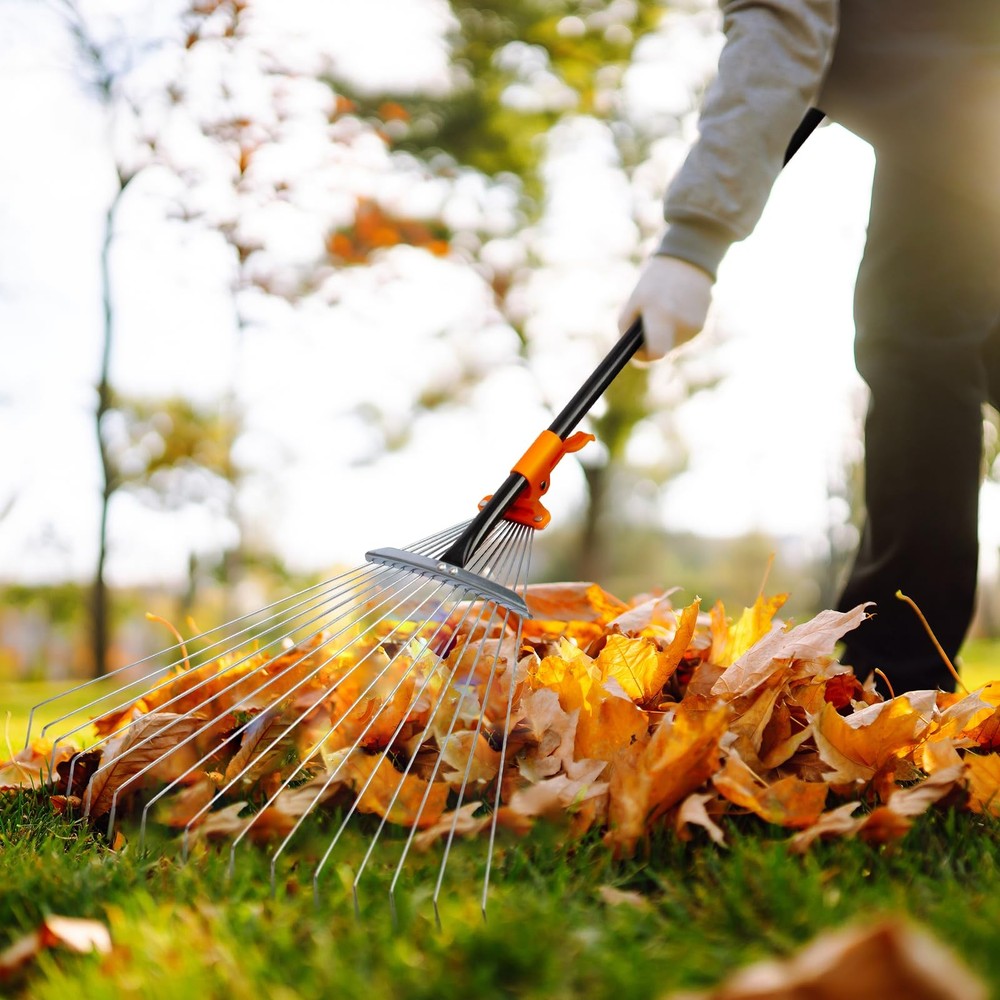 Leaf Rake for Lawns, Adjustable Garden Rake for Leaves with Long Handle, 61 I...