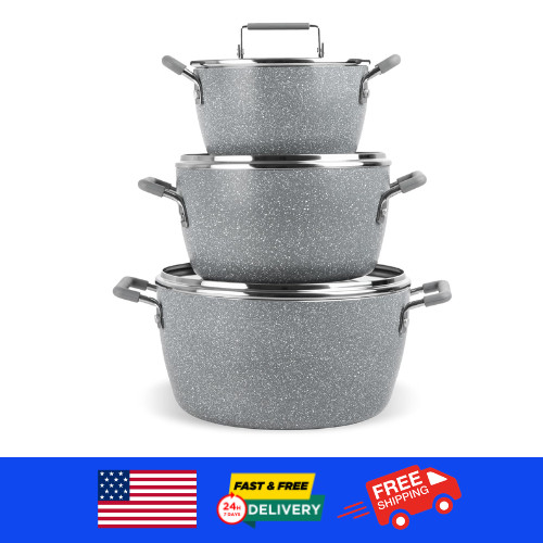 Granitestone Gray Pots and Pans Set Nonstick 6 Stackable Piece Cooking Kitchen