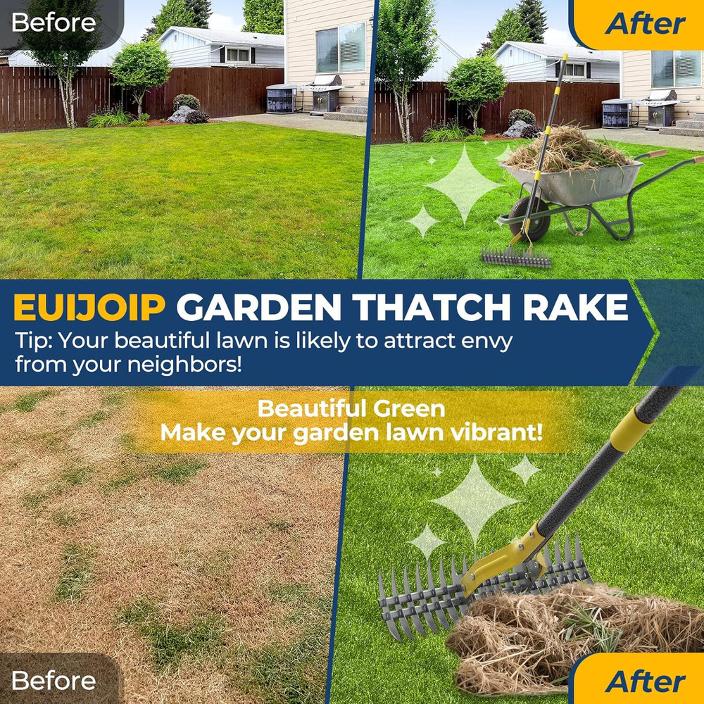 70" Heavy Duty Metal Dethatcher Rake with 15" Double-Edged Sharp Tines
