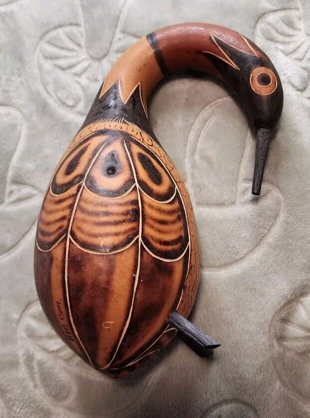Hand Painted Bird Gourd Art Signed Rep. Dom 9" Tall