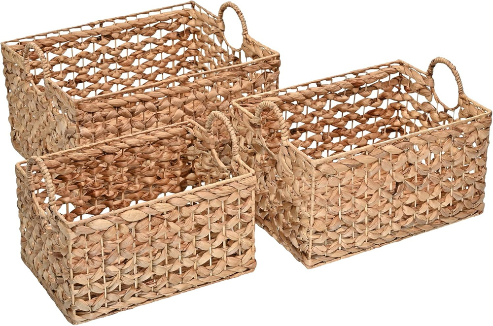 BSK2010A-3SET Quinn Bohemian Cottage Woven Hyacinth Rectangular Wicker Storage B