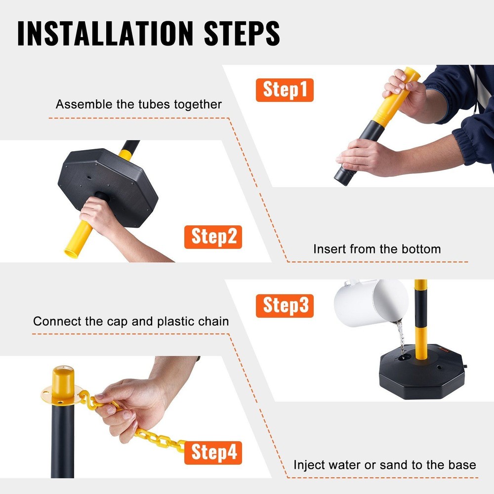 8FT 6-Pack Adjustable Traffic Delineator Posts with Fillable Base & Chain
