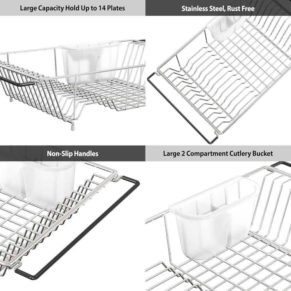Chic Chrome Dish Drying Rack with 2-Compartment Utensil Holder - Large Capacity