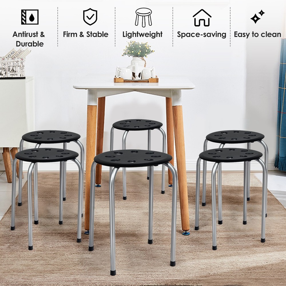Set of 6 Portable Plastic Stack Stools Backless Classroom Seating Black and Gray