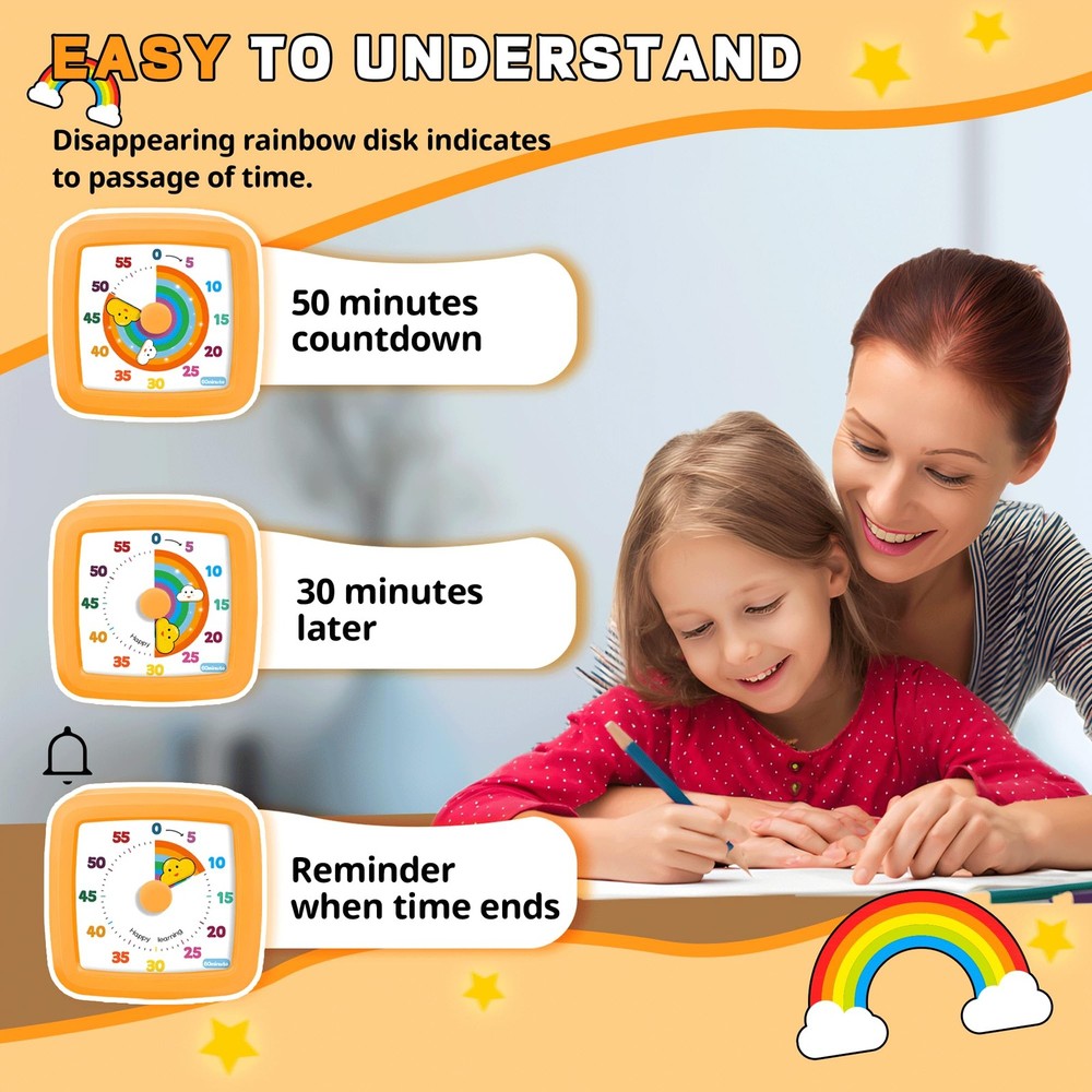 Visual Timer for Kids 60 Minute, Rainbow Countdown Clock with Silent Operatio...