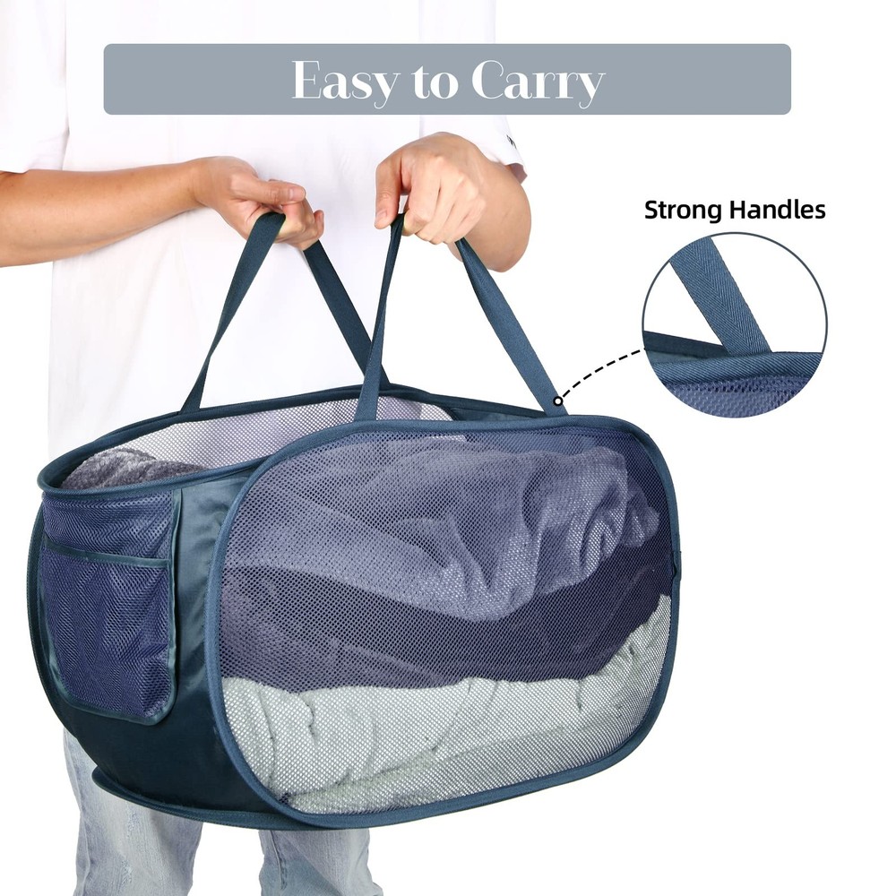 Collapsible Laundry Baskets 4 Pack Navy Foldable Pop Up Hampers with Pocket