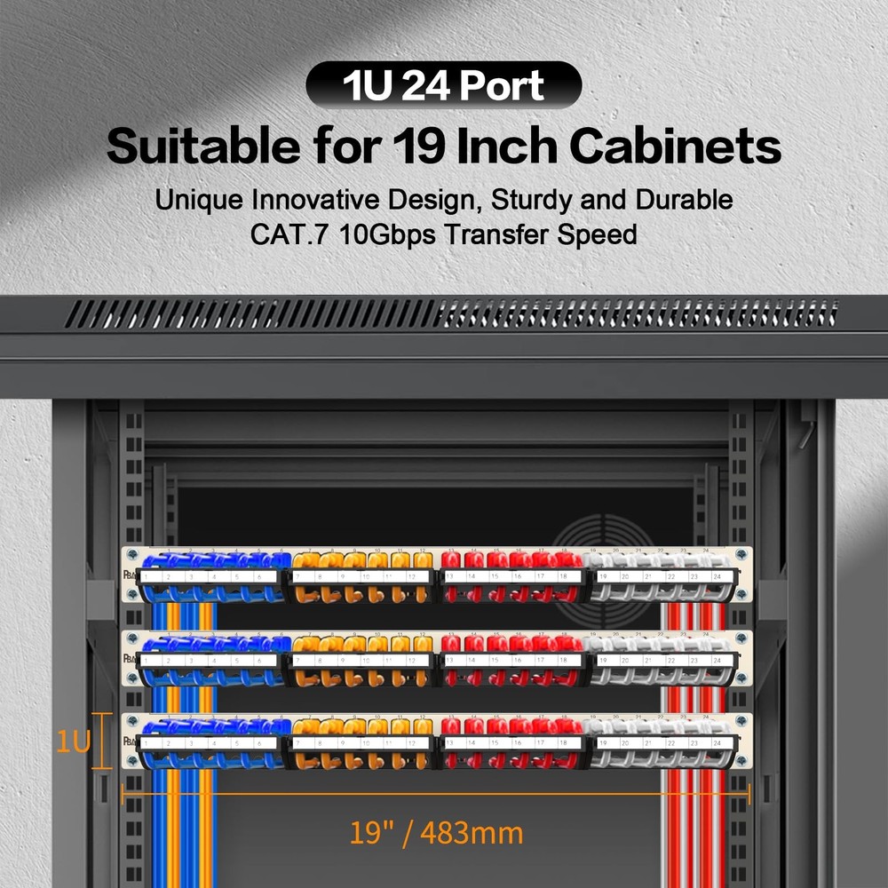 Patch Panel 24 Port with cat7 STP Keystone Jack【EC Listed】 Front Cable Rack S...