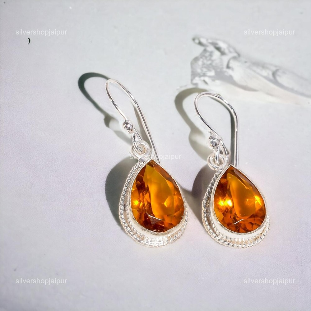 925 Solid Silver Pear Natural Citrine November Birthstone Hook Dangling Earrings