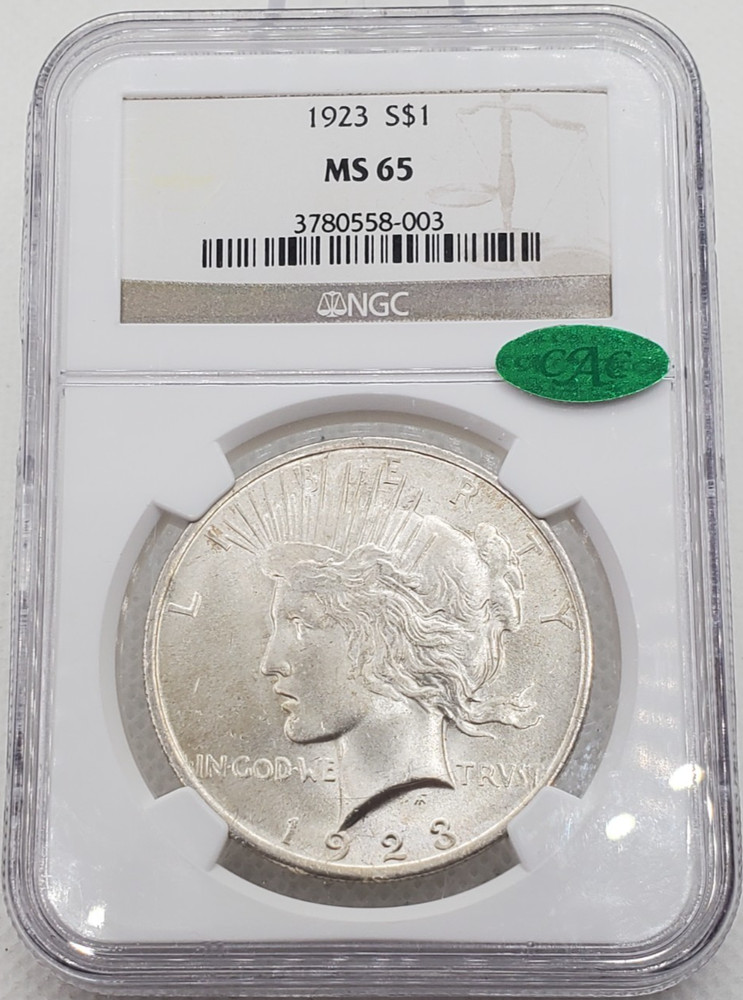 1923 Peace Silver Dollar NGC MS 65 CAC Sticker