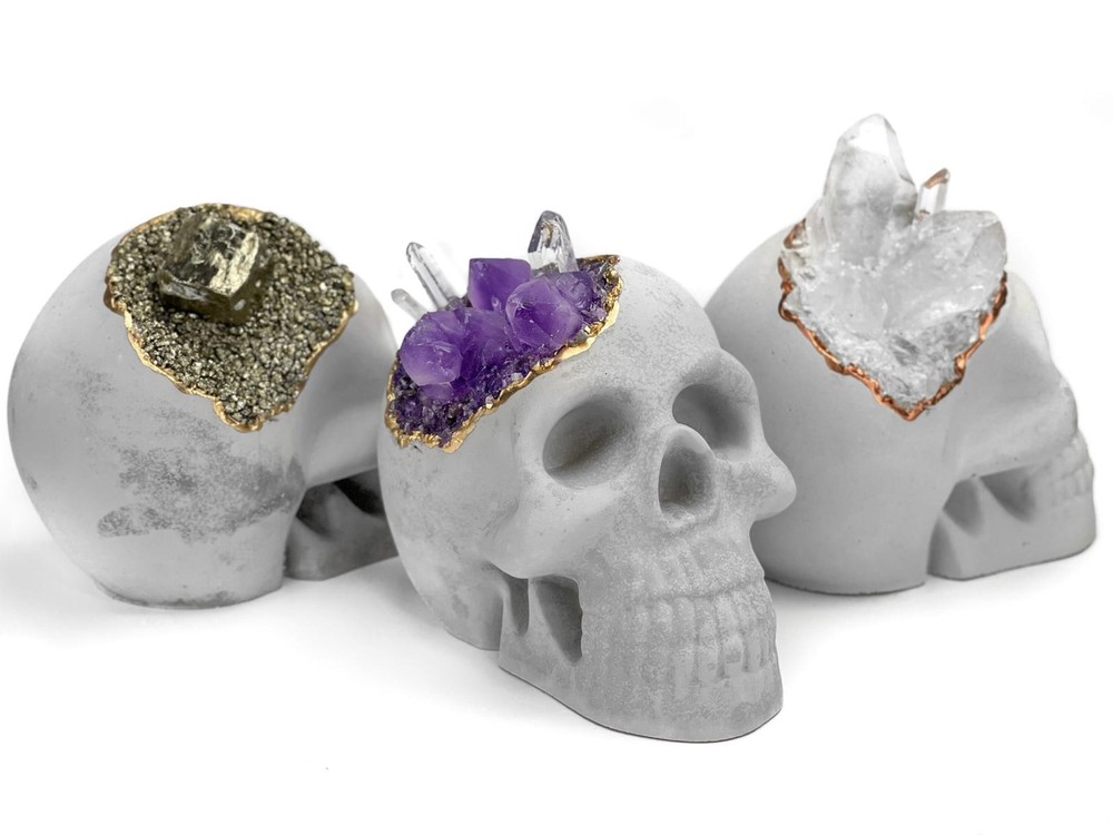Amethyst Quartz Crystal Skull | Concrete Geode Decor Purple