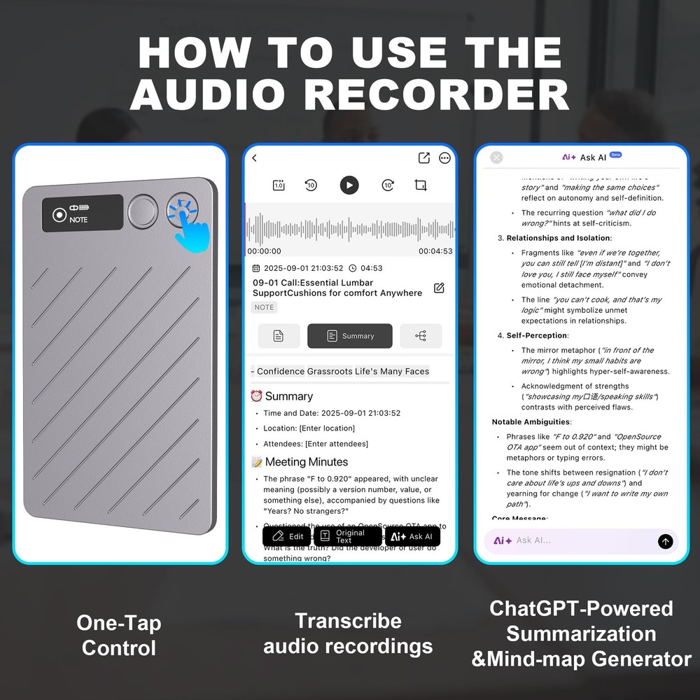 AI Voice Recorder, LCD Screen Display, 64GB Memory, Support 118 Languages | D...