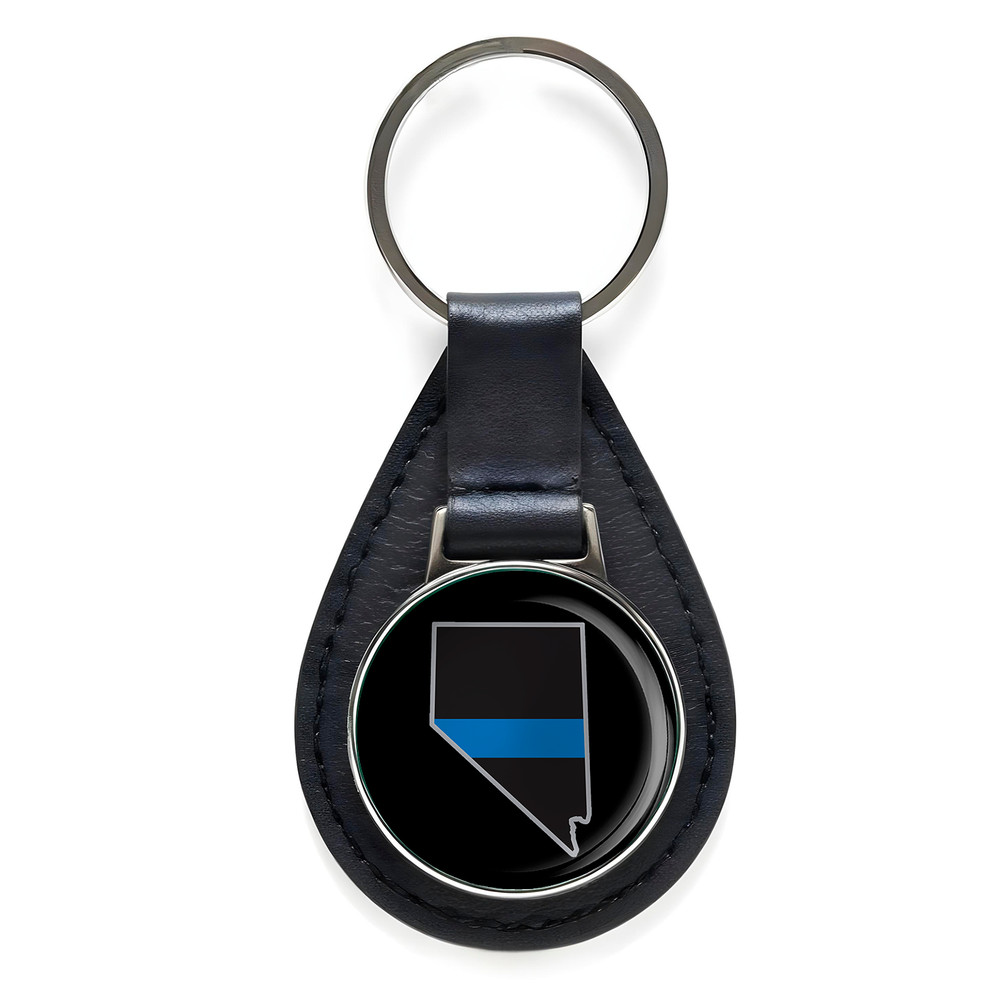 Law Enforcement Thin Blue Line Nevada State Leather Keychain Silver Keyring