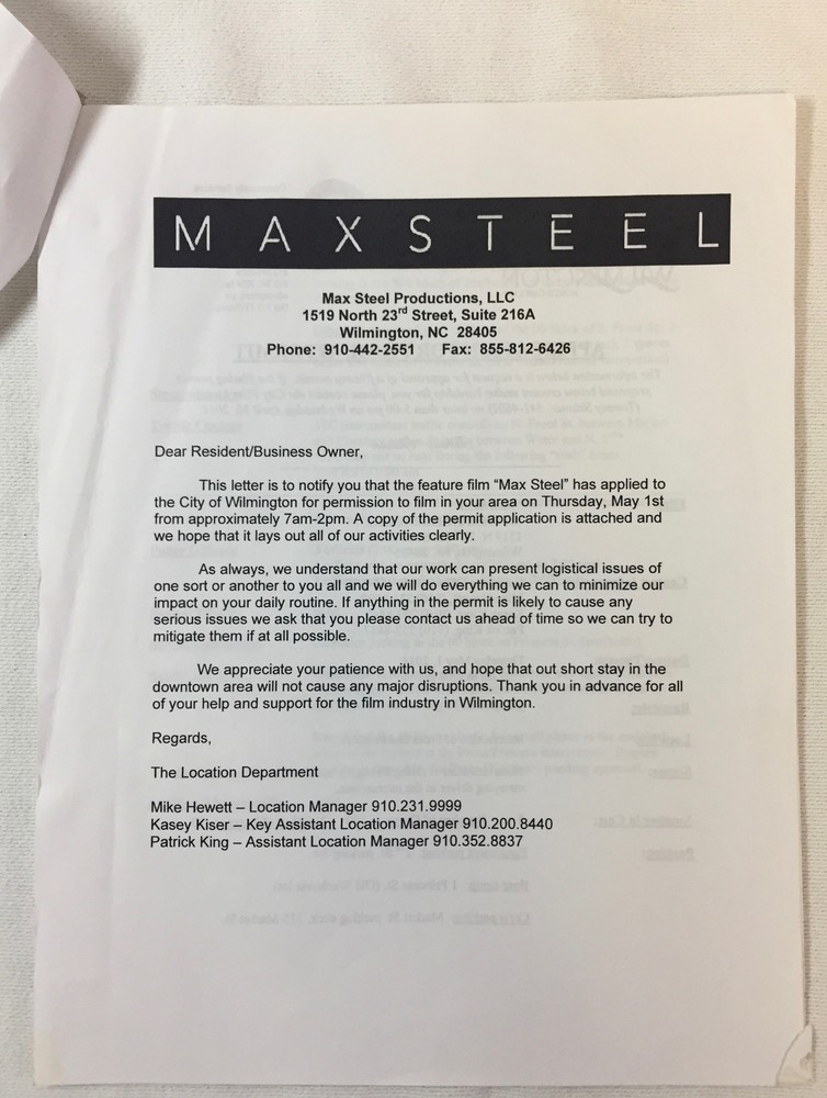 MAX STEEL original paperwork ~ FILMING NOTICE/PERMIT
