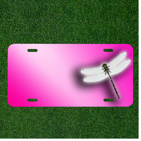 Custom Personalized License Plate Tag With Pink Background Dragonfly Add Names