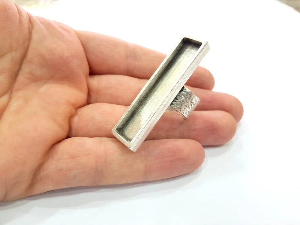 Rectangle Blank Ring Setting Base Bezel inlay Backs Cabochon Adjustable Silver