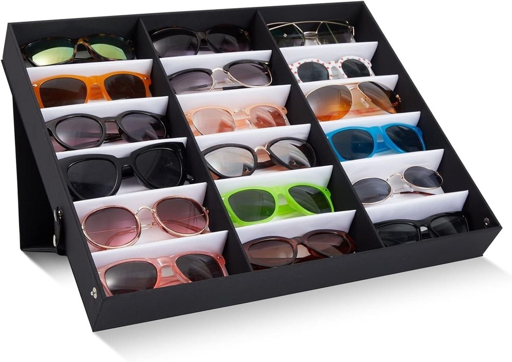 PU Leather Eyeglass Display Case - 18 Adjustable Slots for Perfect Organization