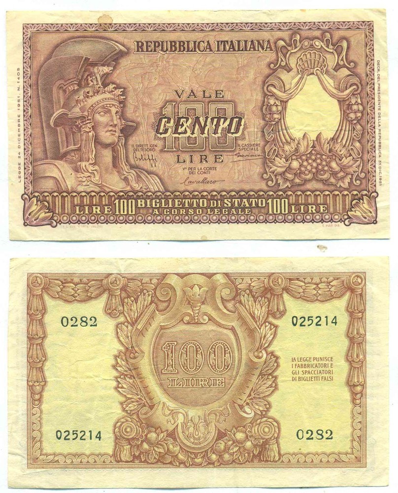 ITALY NOTE 100 LIRE 1951 P 92a