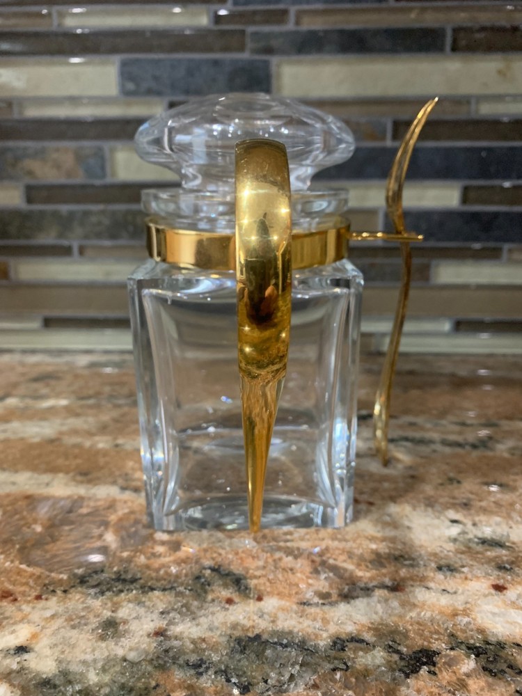 Baccarat Crystal Pickle Jar with lid Gold Handle and fork NICE!
