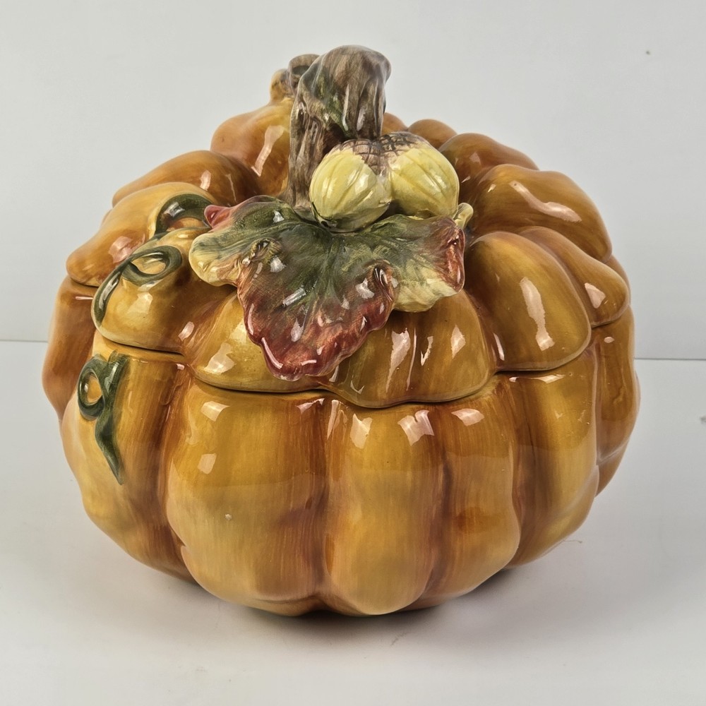 Pumpkin Patch Ceramic Covered Bowl Dish w/ Lid Fall Harvest Decor Thanksgiving