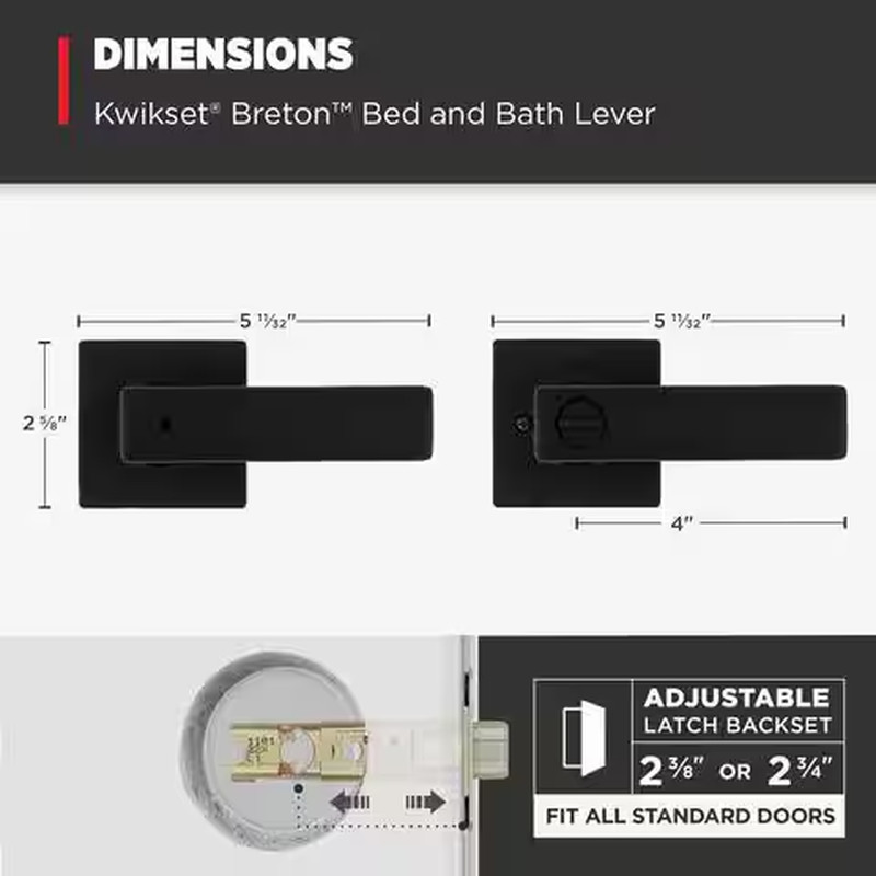 Breton Square Matte Black Bed/Bath Door Handle Featuring Microban with Lock