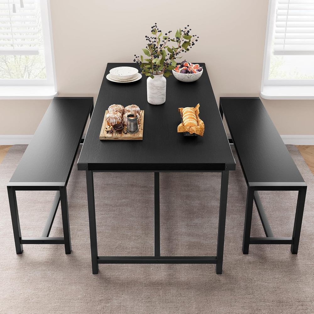 Dining Table Set with 2 Benches, Space-Saving Kitchen Table for Small Spaces & A