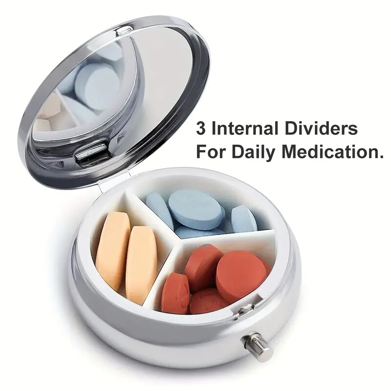 Hummingbird Pill Box Round Pill Box, 3 Compartment Mini Decorative Pocket Size