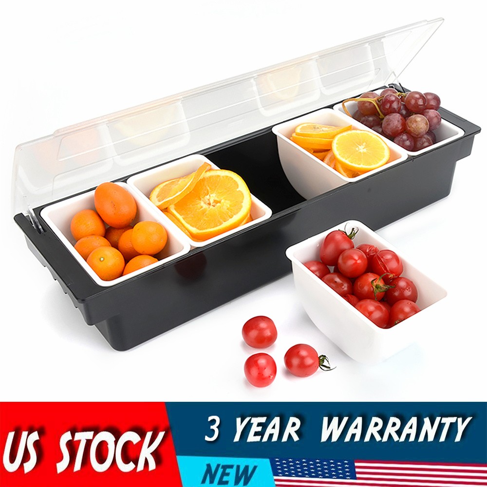Ice Chilled 4/5 Compartment Condiment Server Caddy Serving Tray Container Bar US