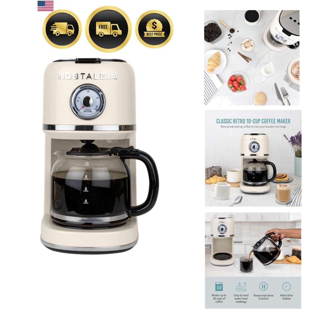 Classic Retro 10 Cup Coffee Maker - One-Touch Drip Brew, Reusable Filter - An...