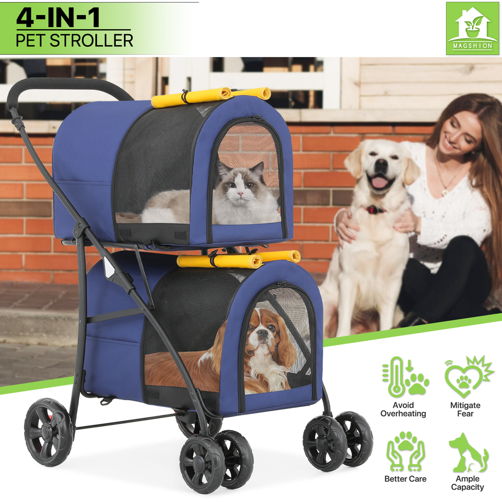 Folding Double Dog Stroller 4 Wheels Portable Jogging Adjustable Travel Carrier