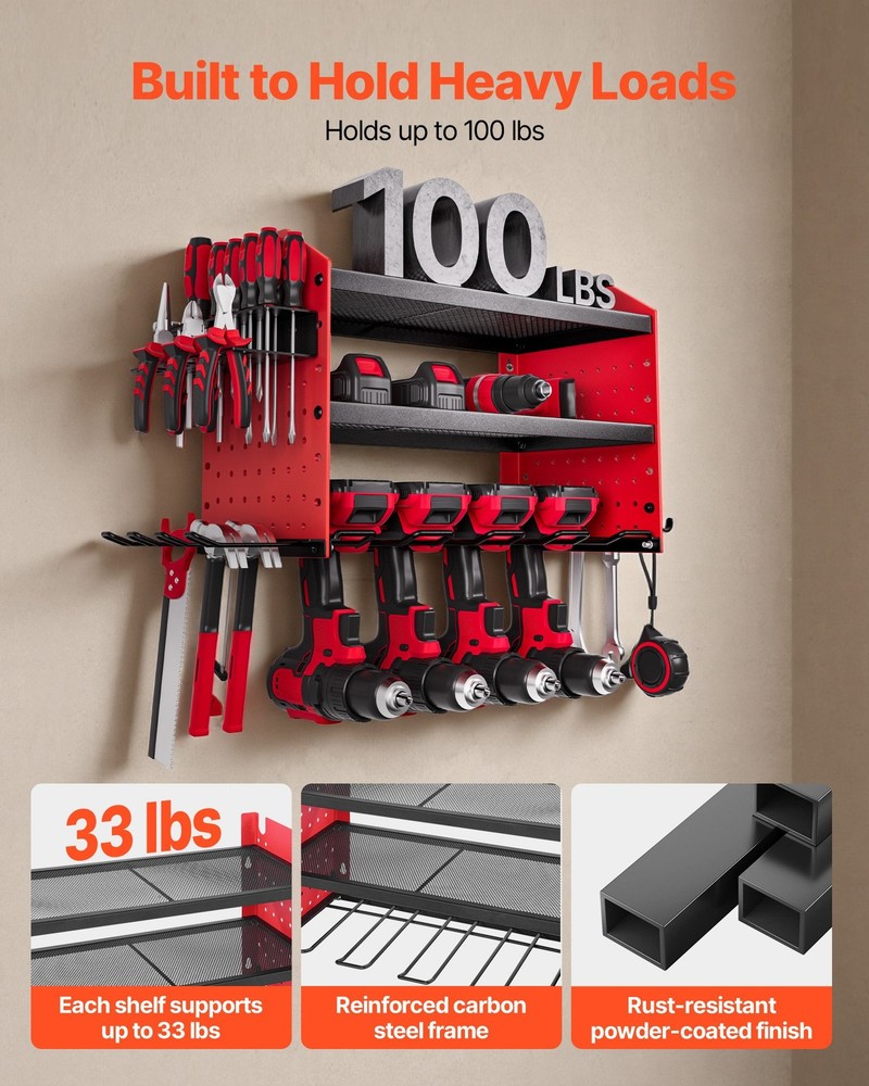 VEVOR Power Tool Organizer Wall Mount,3-Layer Storage Rack w/4 Drill Holders,Too