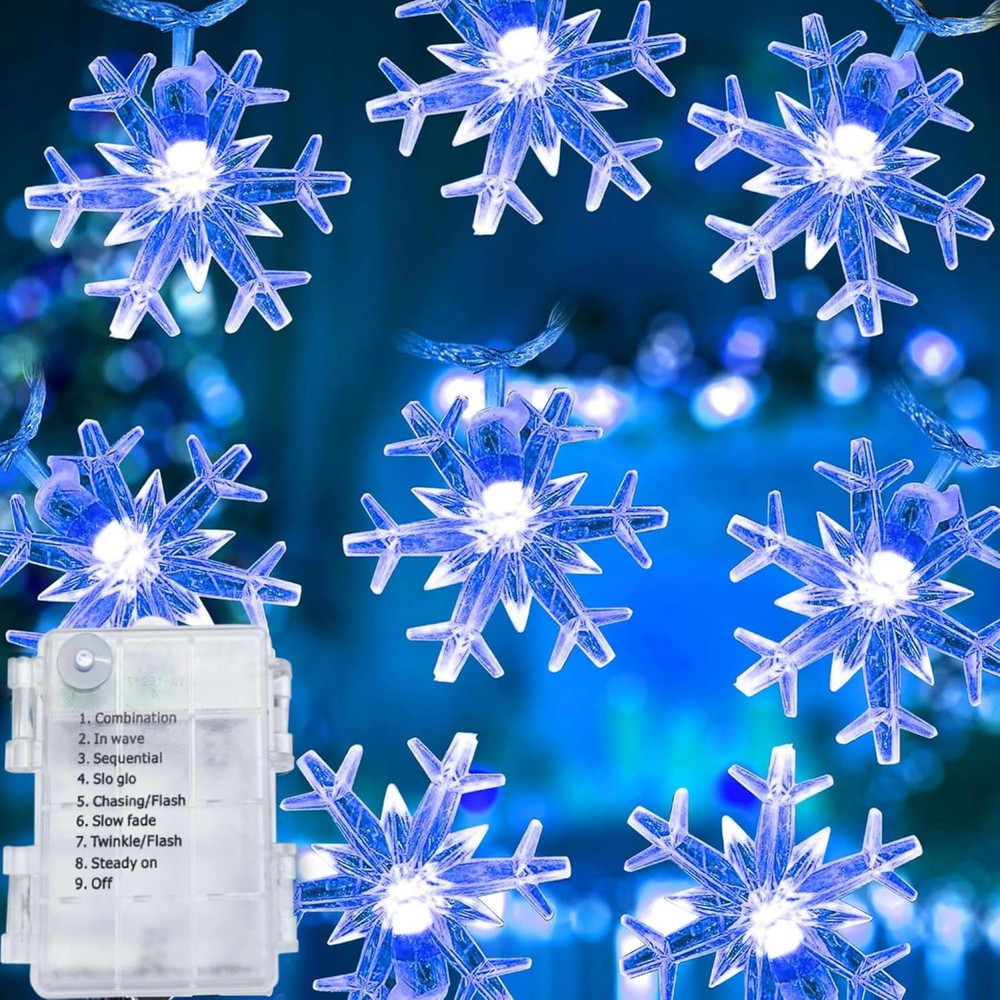 Christmas Snowflake String Lights, 2 Pack Total 100LED 50FT Battery Operated Chr