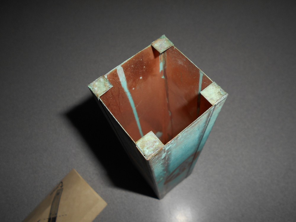 Southwest pattern handcrafted copper matchstick holder 8 inch pre owned