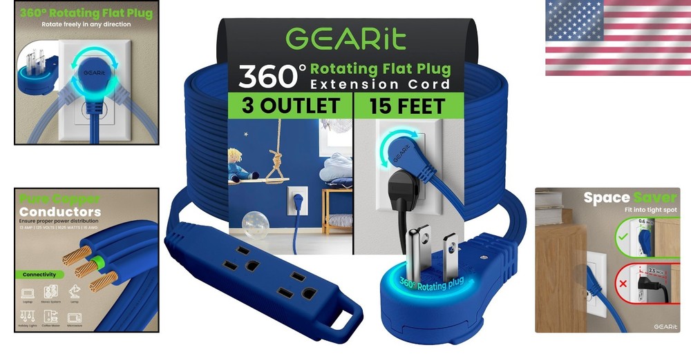 360° Rotating Flat Plug Extension Cord - 3 Outlets, 15ft Navy, Certified