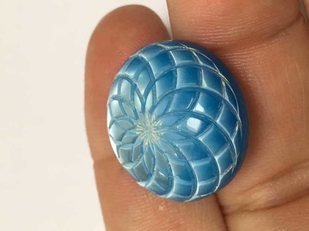 Vintage blue lucite button self shank carved 7/8"