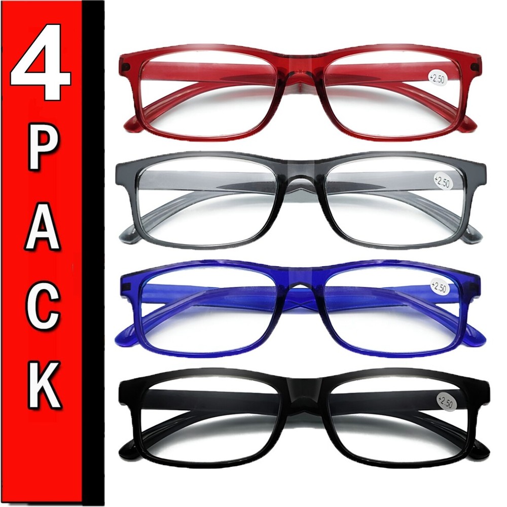 4 Pack Men Classic Style Square Frame Reading Glasses Spring Hinge Readers