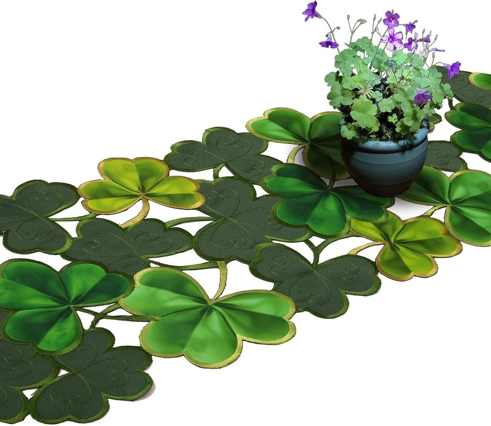 Embroidered Irish Clover Table Runner for St. Patrick’s Day, Spring Decoratio...