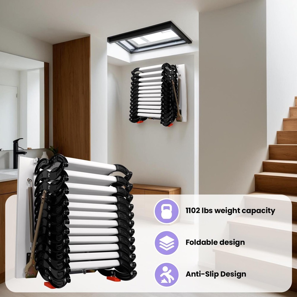 1102lb Wall-Mounted Attic Ladder w/Handrail Folding Staircase w/Pull Down System
