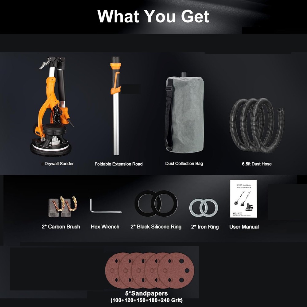 Electric Foldable Drywall Sander 5 Variable Speeds 850W with LED Lights