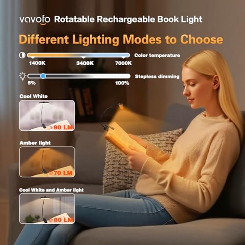 Rechargeable Book Light Rotatable：24 LEDs Reading Light, 3-Color & 9 Black