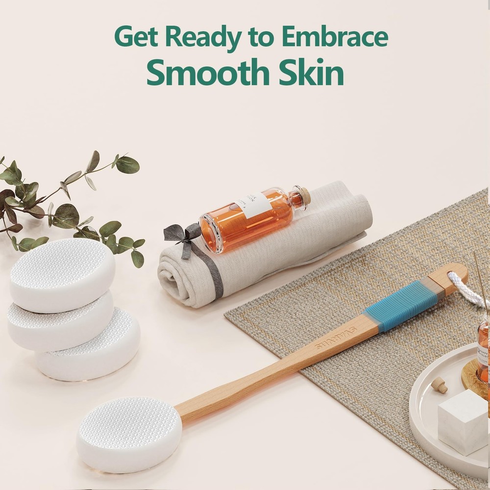 Back Lotion Applicator 17" Handle 4 Replaceable Pads for Cream Sunscreen White