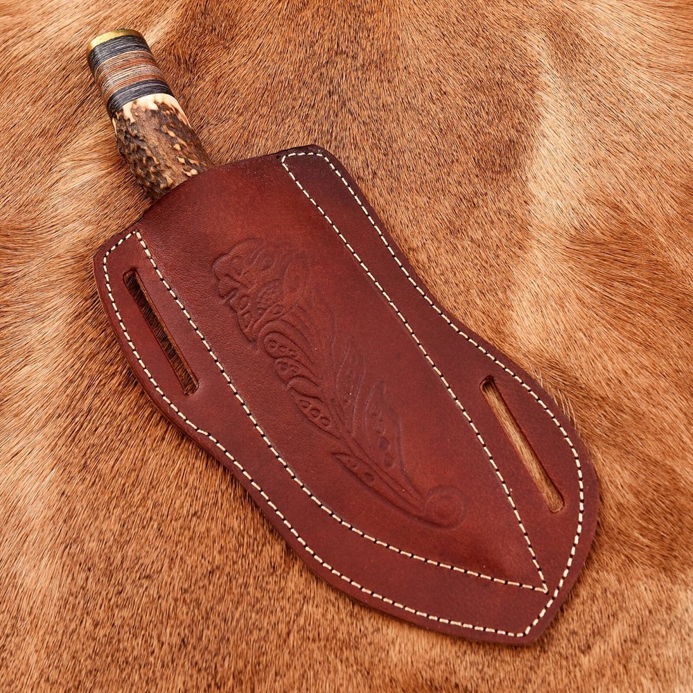 Brown LEATHER ENGRAVED PANCAKE Fixed Blade Knife Belt Sheath Folding Tool Case