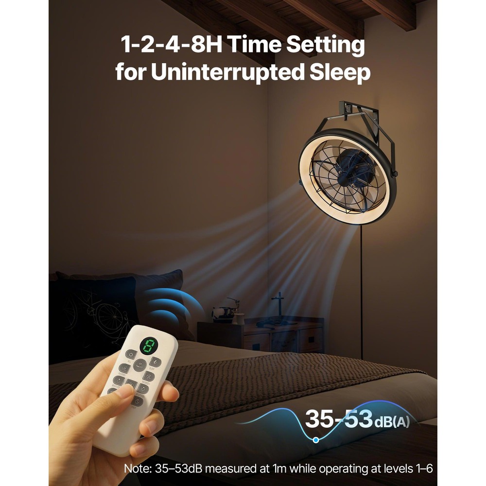 22 Inch Wall Mount Fan with Light 6 Speeds Adjustable Remote Control Timer