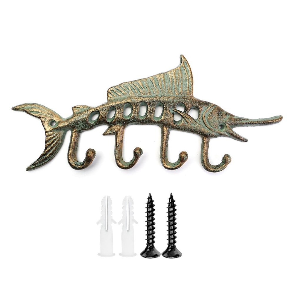 1Pcs Heavy Duty Cast Iron Fish Hook Set with 4 Funky Wall Hooks, Rustic Vinta...