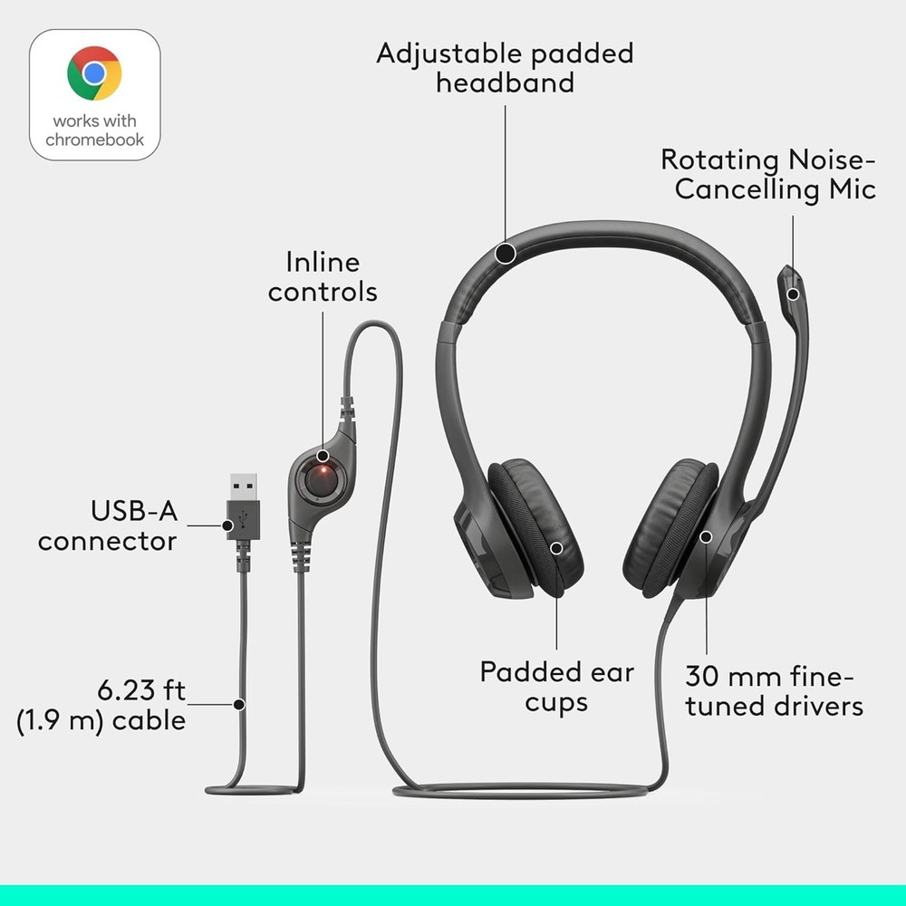 Comfortable H390 Noise-Canceling USB Headset with Adjustable Headband - Black