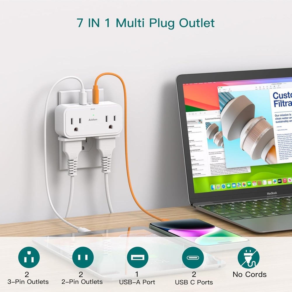 Surge Protector Extender 4 Outlets, 2 USB-C 3 USB, 3-Sided Wall Plug for Home