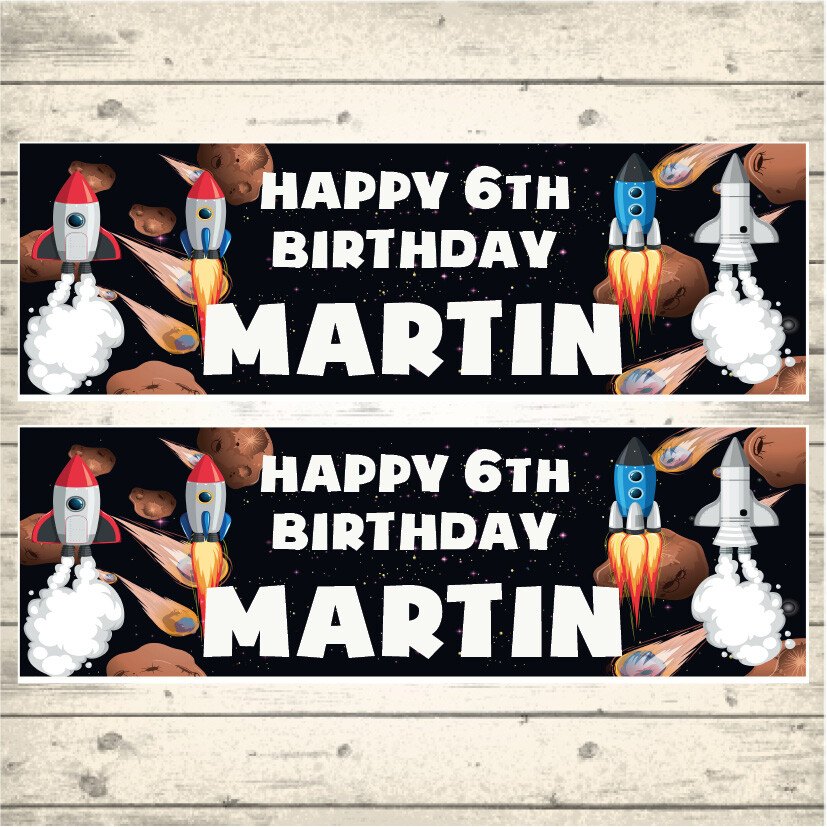 2 PERSONALISED SPACE, ROCKET BIRTHDAY PARTY BANNERS - ANY NAME & AGE