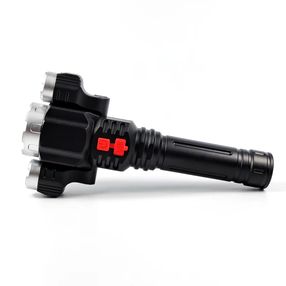 Super Bright 3 Head LED Flashlight Rechargeable Tactical Flashlights Work Light