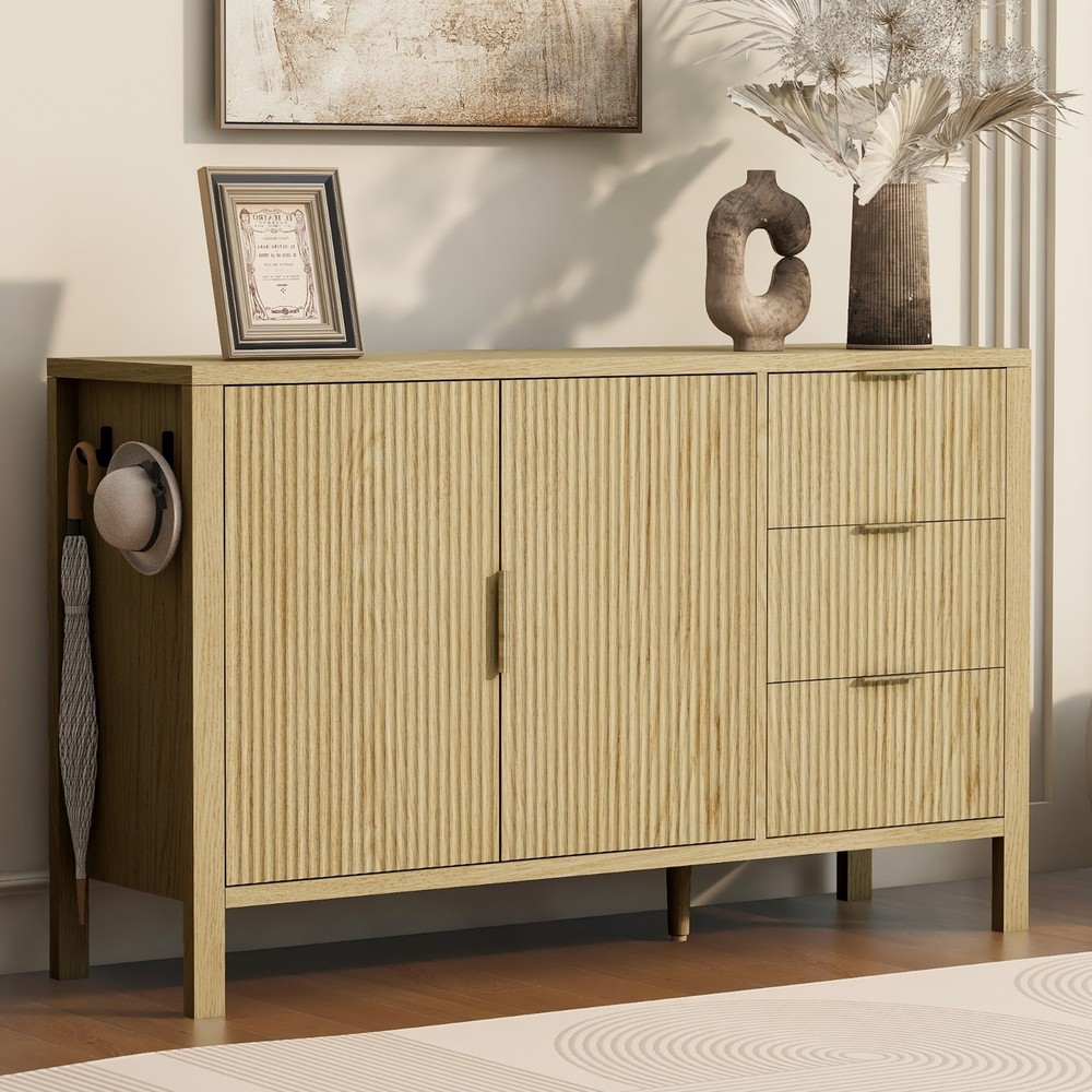 U-Style Modern Wave-Pattern Sideboard (3 Drawers, Hooks, Extra Leg, Large Storag