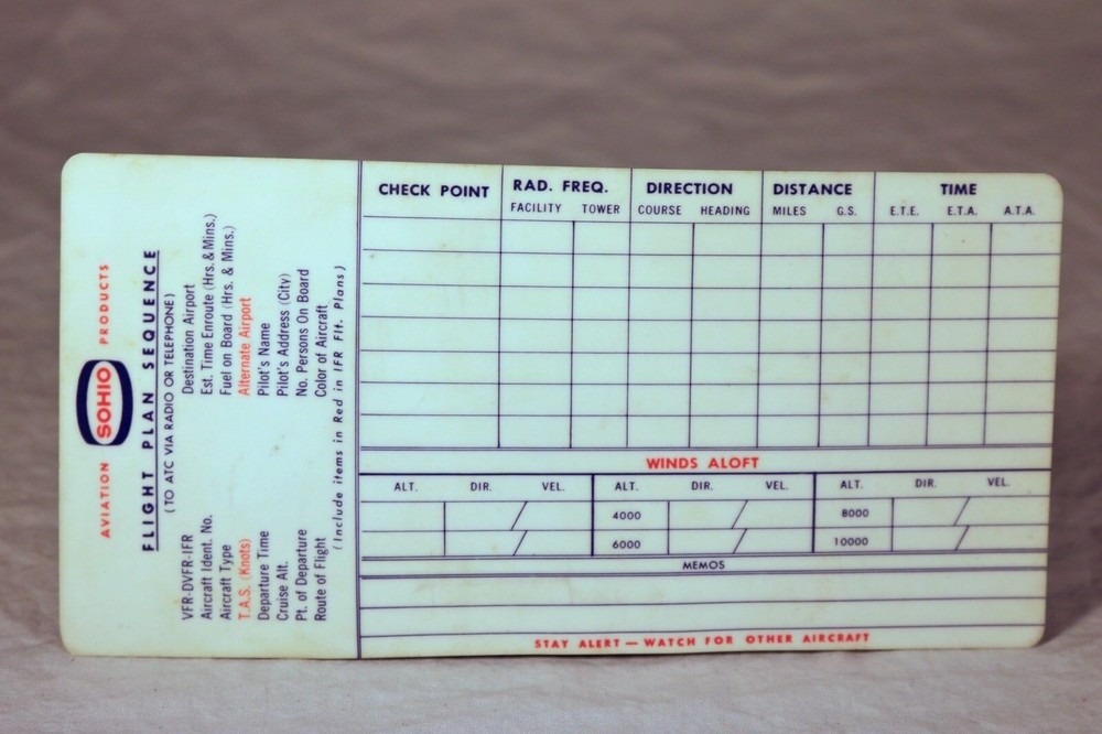 Vintage 1970s Sohio Aviation Products - Flight Plan Sequence Card