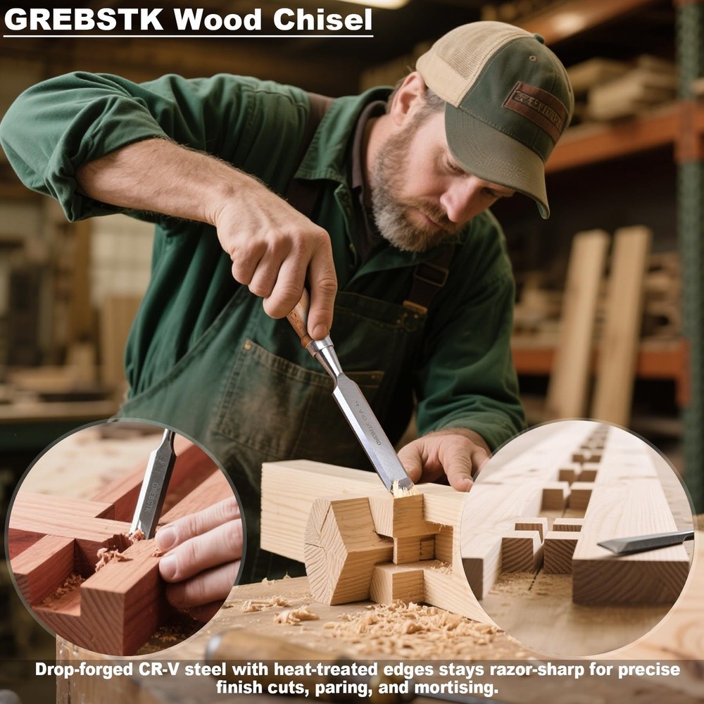 4Pc Wood Chisel Set CRV Steel Bevel Sharp Edge Bench Chisel 1/4", 1/2", 3/4", 1"